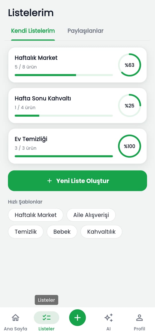 Listelerim: kendi ve paylaşılan listeler, demo verisi