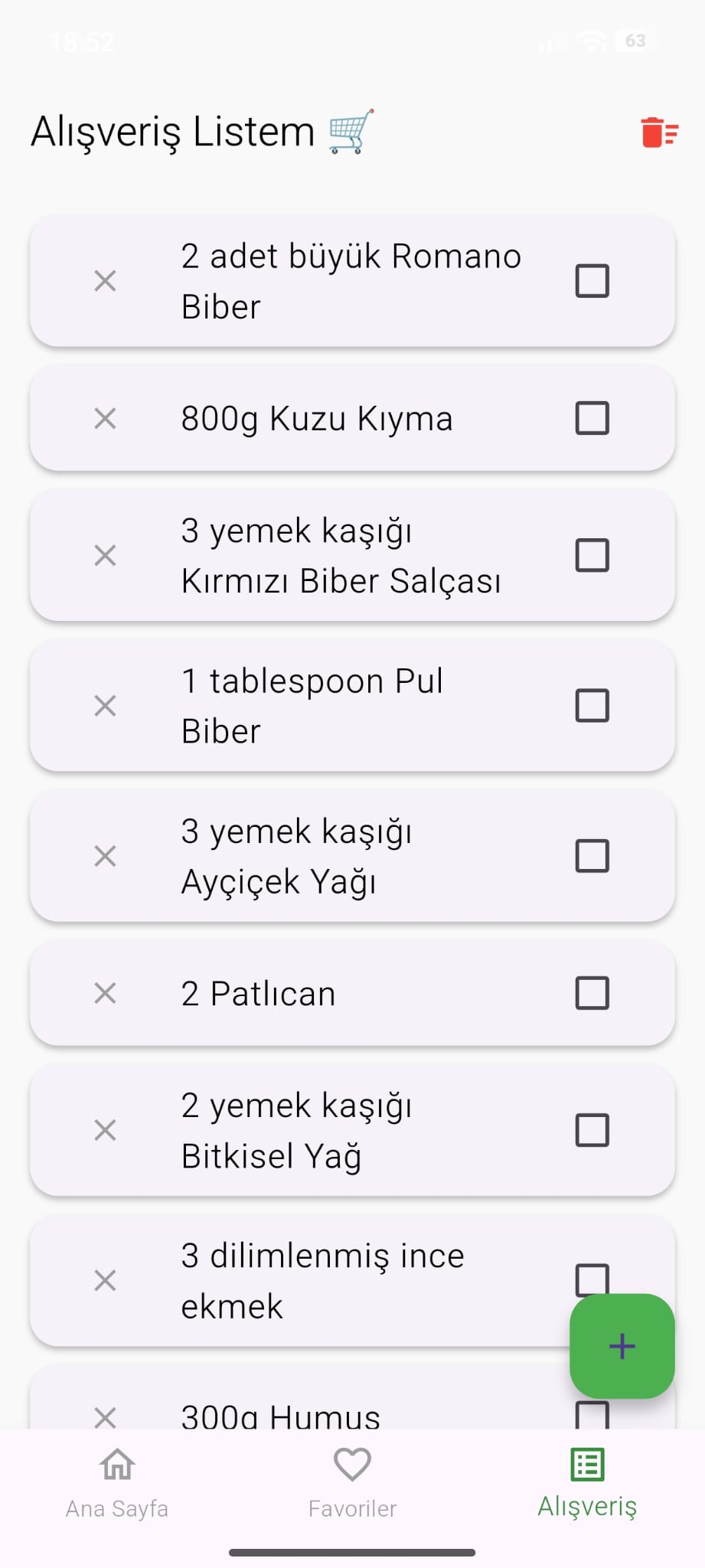 Alışveriş listesi: tarif malzemeleri