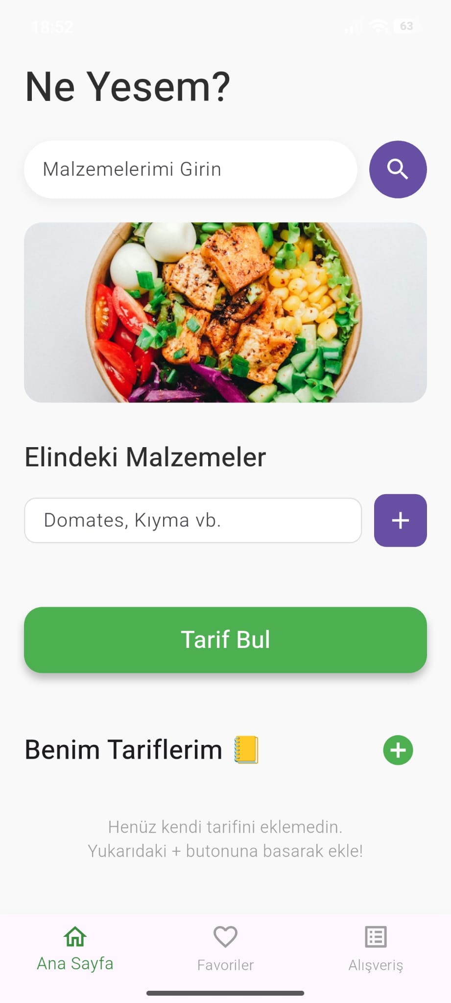 Ne Yesem ana sayfa: malzeme arama ve kendi tariflerin