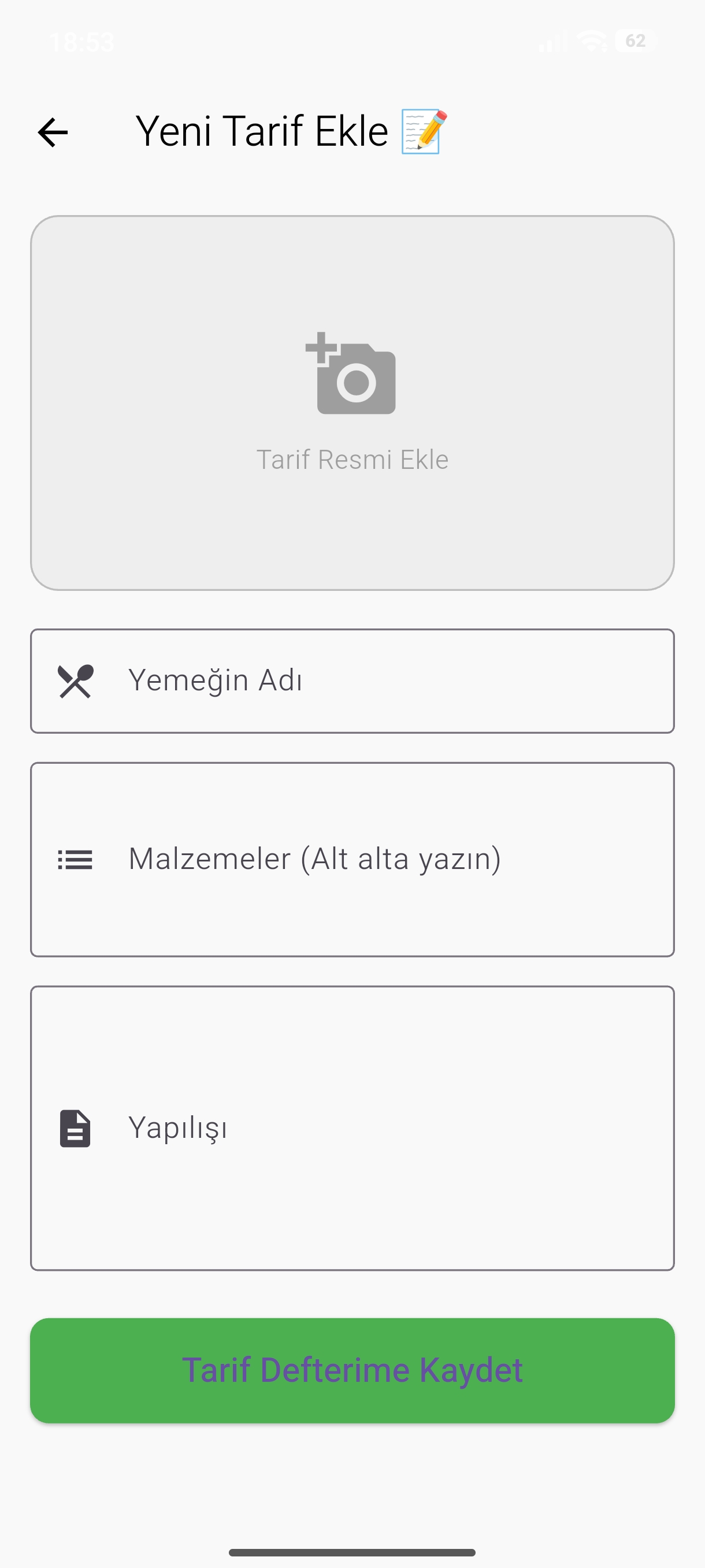 Yeni tarif ekleme: ad, malzemeler ve yapılış