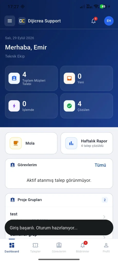 Aynı API'yi kullanan Flutter uygulaması: teknik ekip ana ekranı ve talep özeti