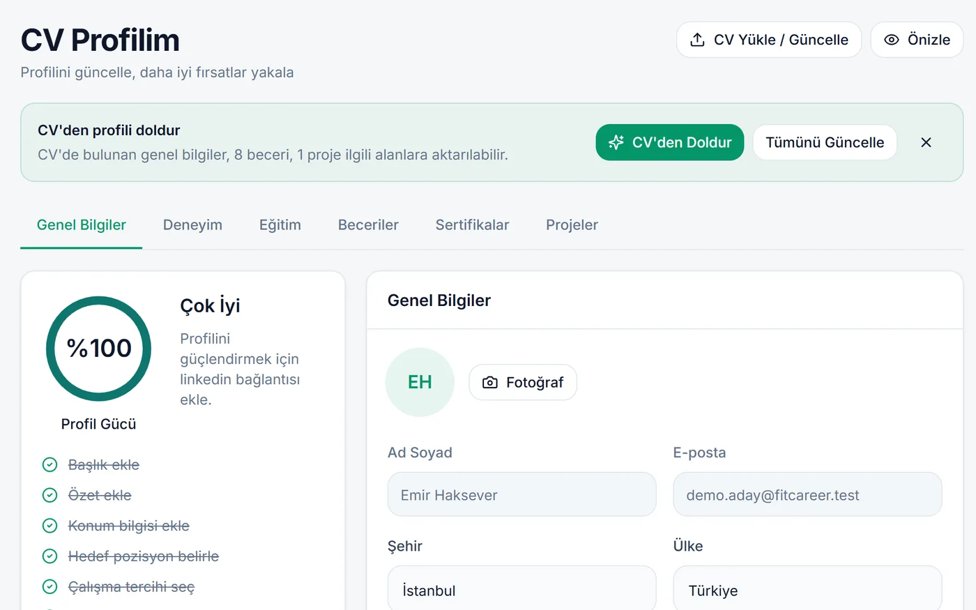 FitCareer CV profili: CV yüklenince profil otomatik doluyor, profil gücü %100